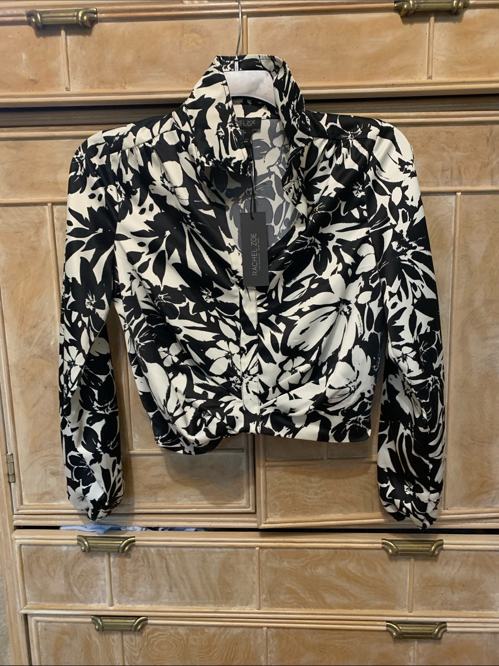 Rachel Zoe Black & White Floral Twist-Front Cropped top